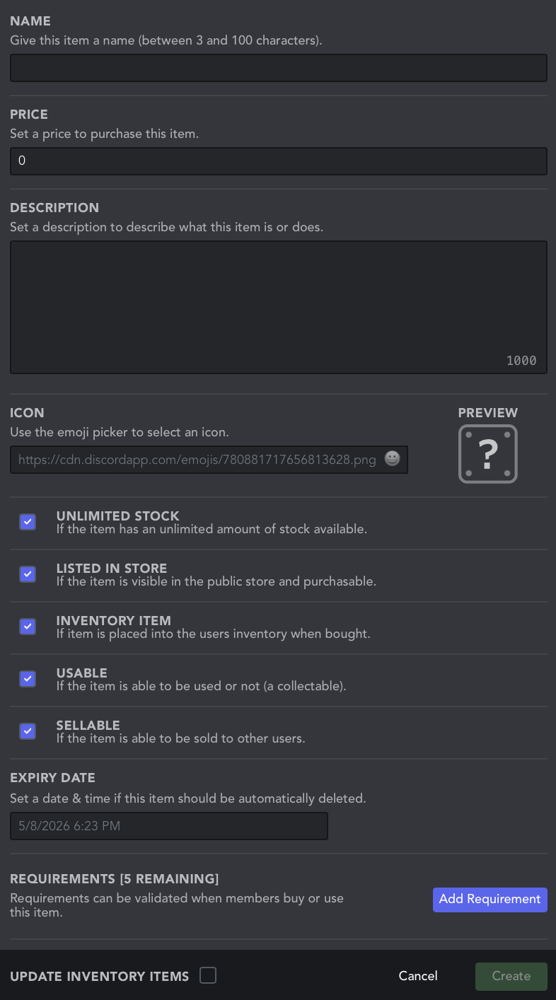 item settings page